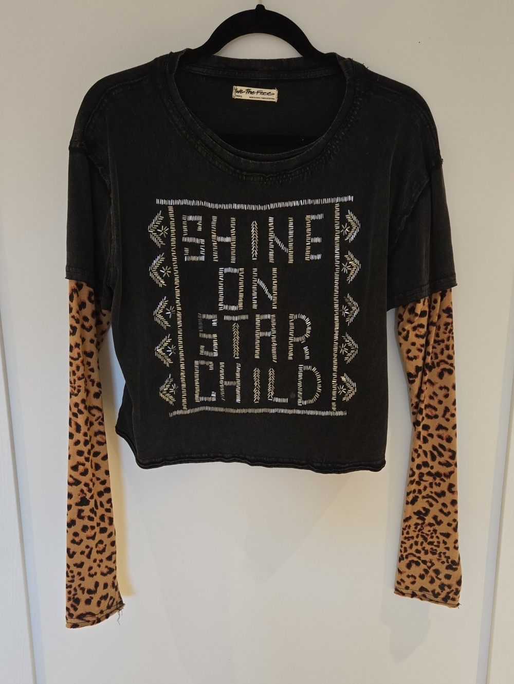 We The Free Black Graphic Tee with Leopard Print Sleeves